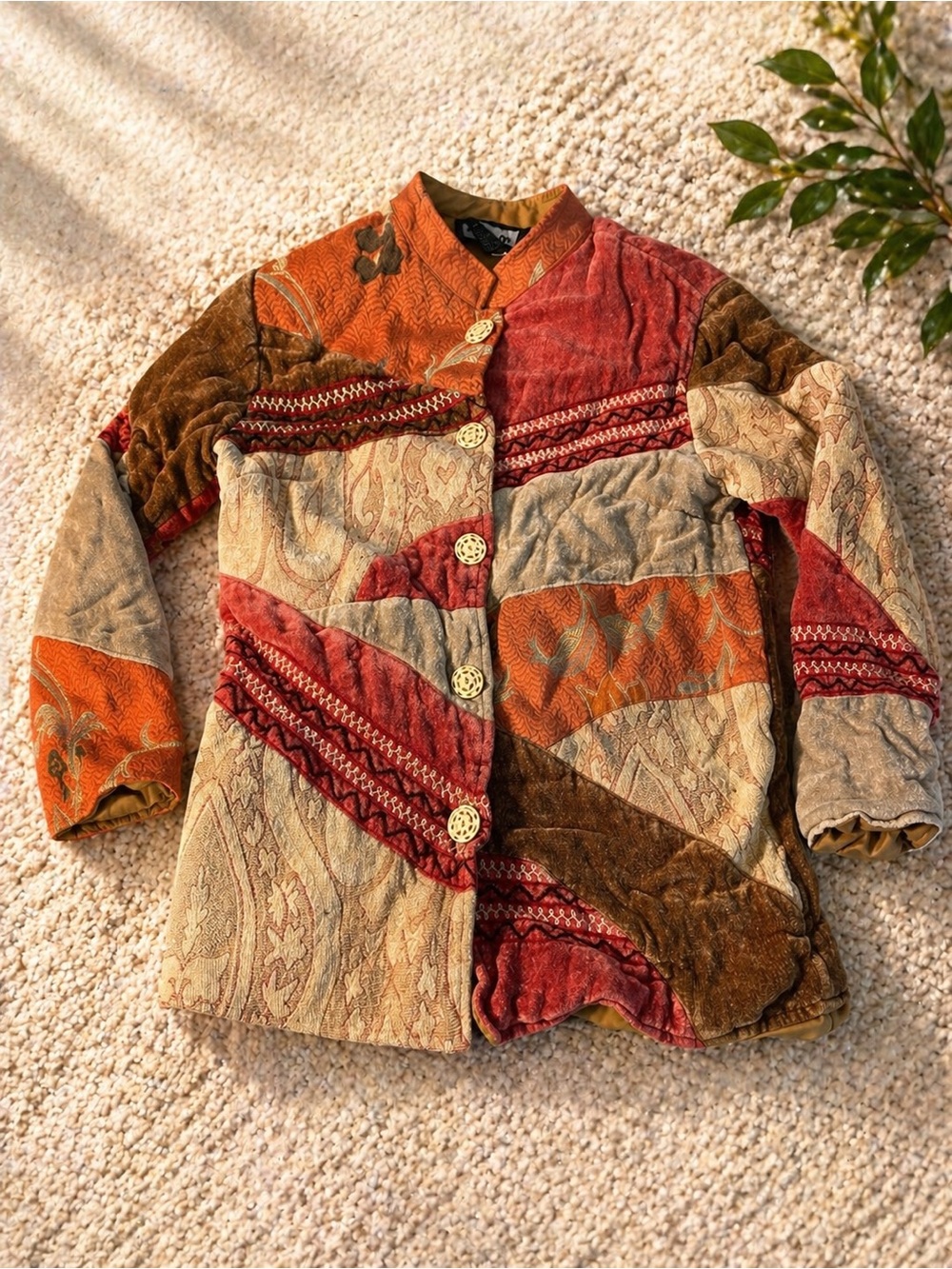 Indigo Moon Patchwork Bomber Jacket Small Boho Vintage Textured Coat with Button